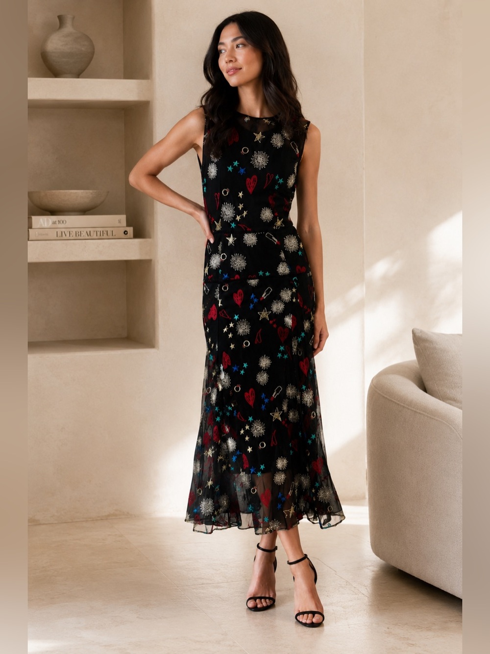 NWOT Maje Rosia Embroidered Sheer Mesh Maxi Dress Black Star Heart Size 3 / L